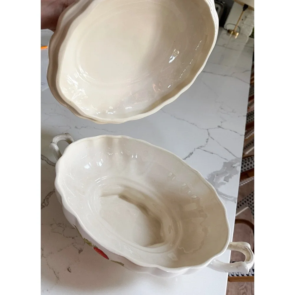 Vintage Strawberry Ceramic Lidded‎ Soup Tureen Scalloped Footed Serving Dish